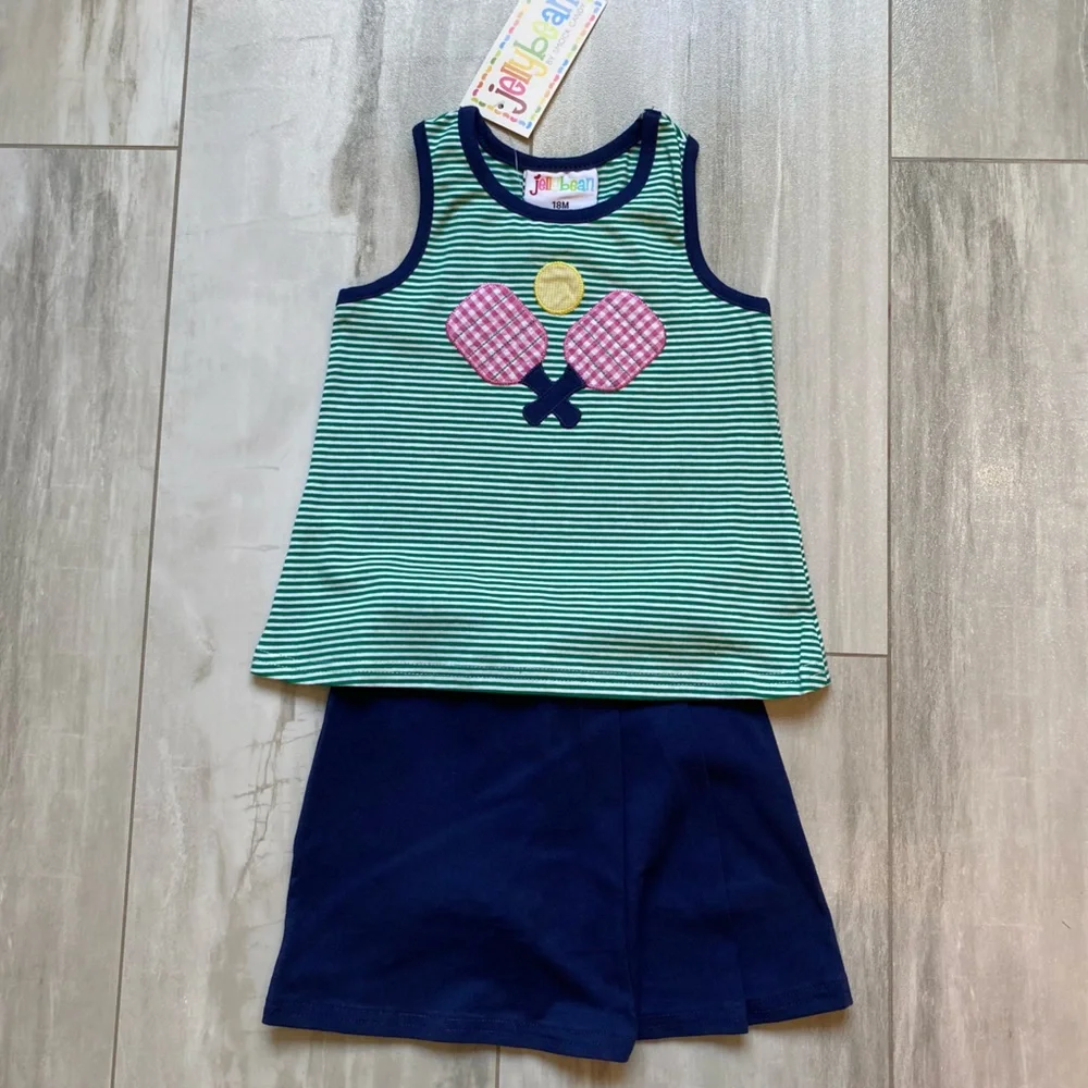 NWT JellyBean by Navy & Green Pickleball Sleeveless Bow Top & Skort Set Girl 18M